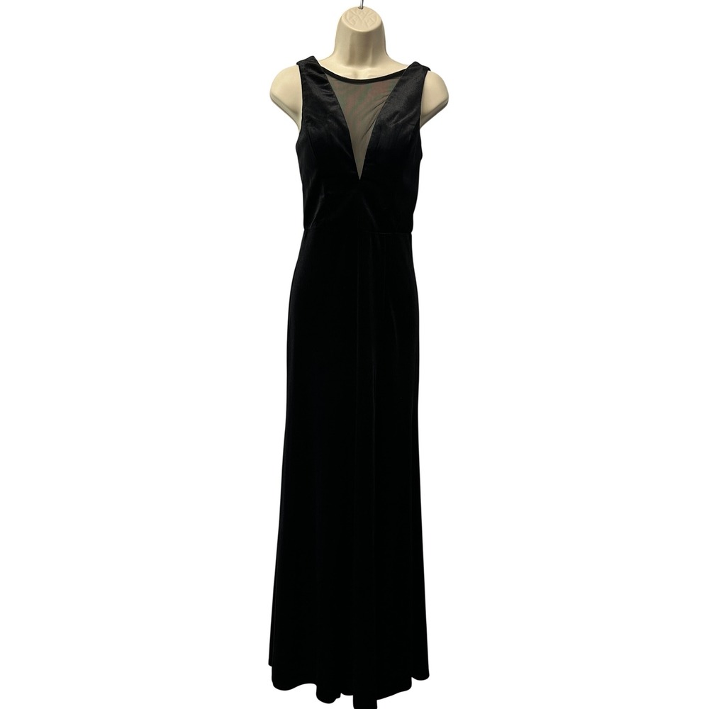Nightway Womens Black Velvet Sheer Mesh V-Neck Sleeveless Maxi Gown Dress 4